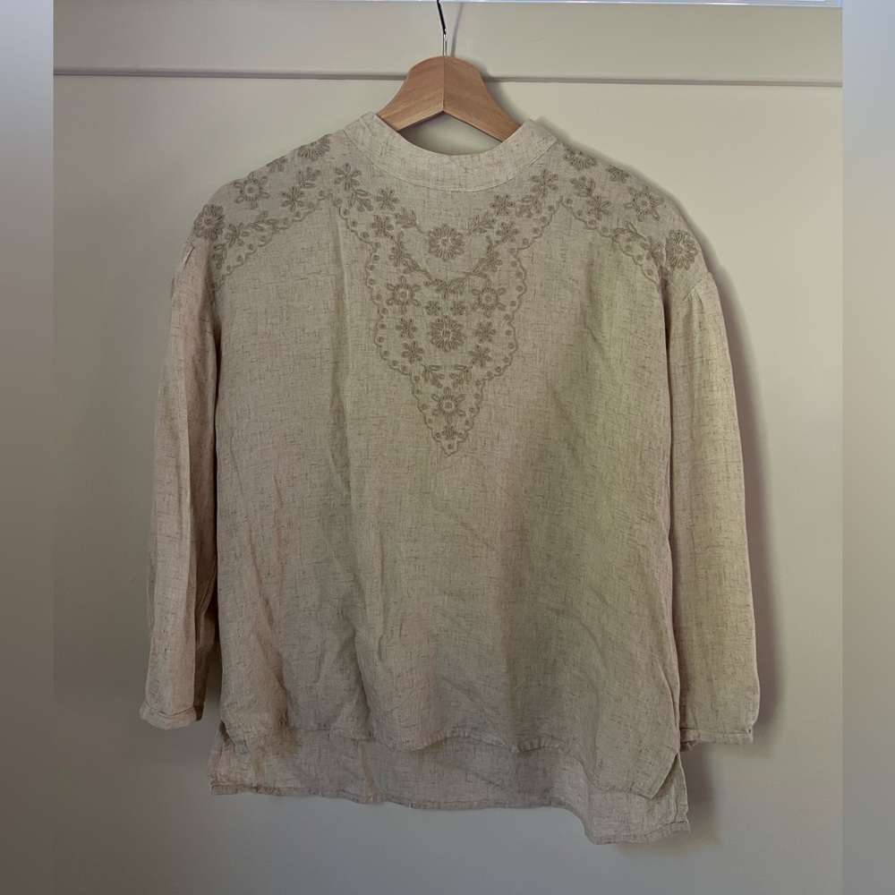 Zara Floral Embroidered Beige Linen Top